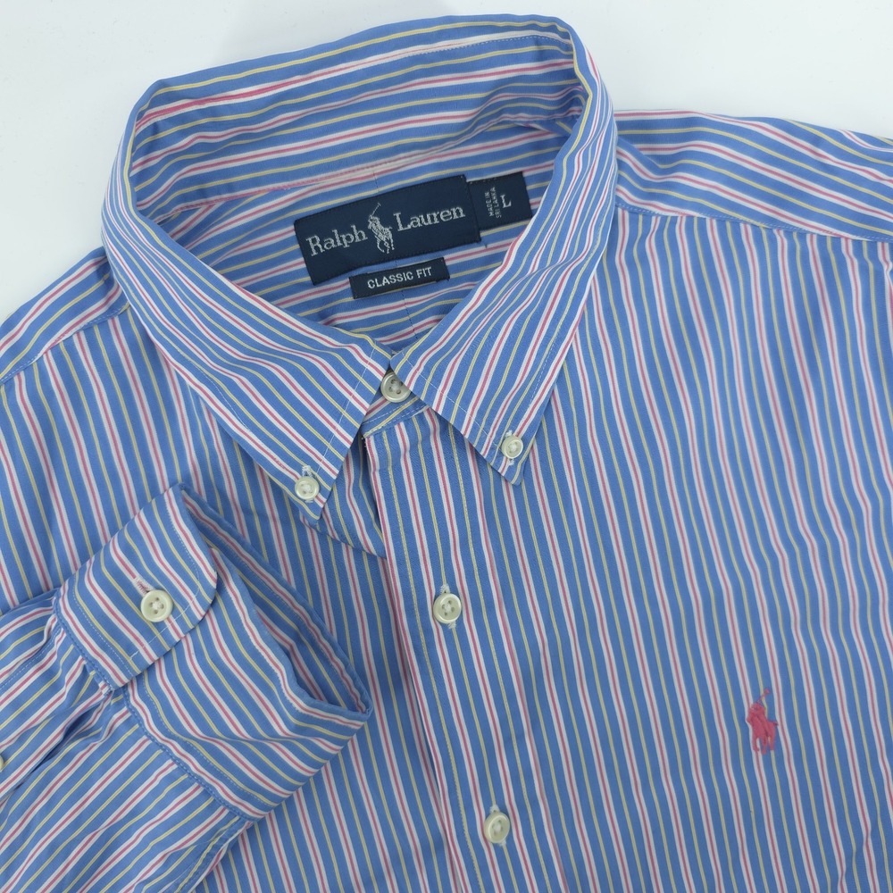 Ralph Lauren‎ Shirt Mens Large Classic Fit Cotton Stripe Long Sleeve Pink Pony
